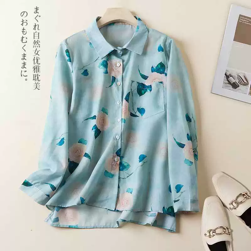Фото новой женской рубашки из рами с цветочным принтом весна 2025, художественная ретро-рубашка свободного кроя из хлопка и льна с принтом для женщин.