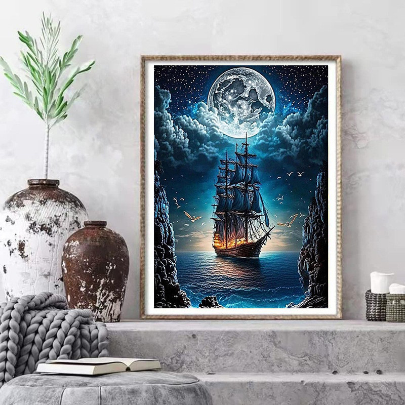 Pintura de diamante de luna transfronteriza, pintura de diamante redonda, pintura de diamante de sala de estar, pintura de diamante DIY, certificación transfronteriza 20X20.