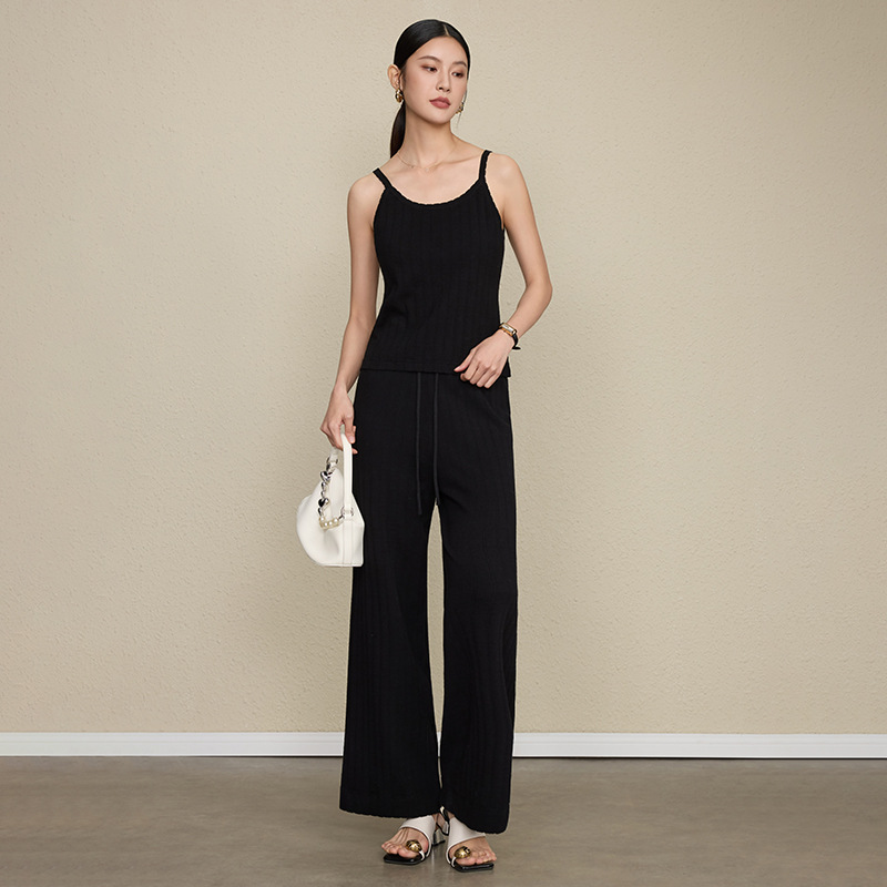 French-Style Solid Color Ribbed Texture Combed Cotton Chic Lace Camisole and Wide-Leg Pants Two-Piece Casual Set