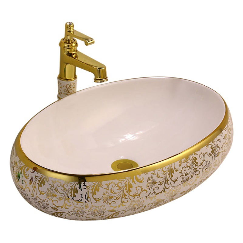 Lavabo de baño de lavabo de cerámica galvanizada de estilo europeo lavabo de oro de color cuenca de La Flor de Oro Mesa de la cuenca de la Mesa de oro de lujo de luz