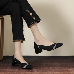 888-2 王妃高跟鞋飛織2023新款雙拼色尖頭淺口粗跟氣質針織女單鞋