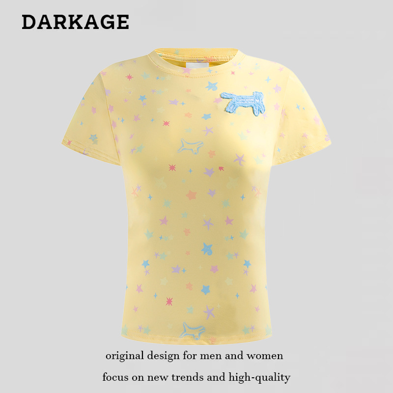 American Sweet and Spicy Small Floral Short-Sleeved T-Shirt for Women in Summer, Loose, Short, Right-Shoulder, Super Nice Casual Top