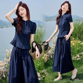 时尚休闲简约小香风阔腿裤套装女2026夏季新款洋气显瘦大码两件套