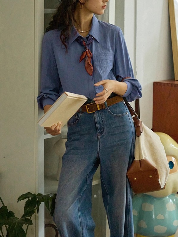 solighter法式复古莱赛尔蓝色长袖衬衫女秋季衬衣|undefined