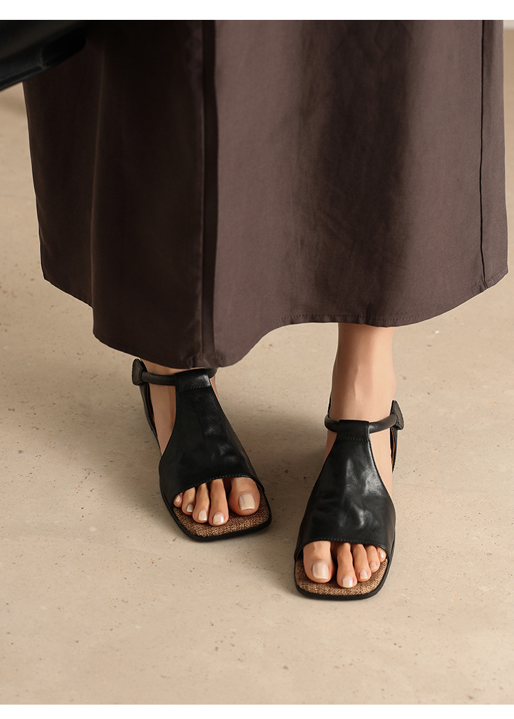 Sandal hở mũi nữ quai mảnh đế bệt mũi vuông da bò thật — đen chi tiết 7