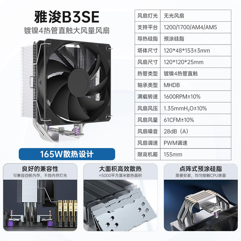 B3SE 검정색. 히트 파이프 4개. 사전 코팅된 실리콘 그리스