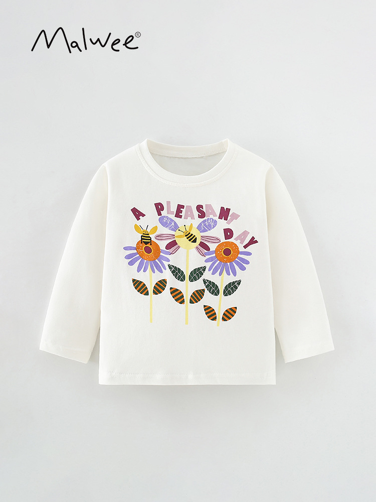 Malwee niñas camiseta de manga larga de otoño europeo y americano para niños de media edad Casual cuello redondo camiseta de niña pequeña camiseta