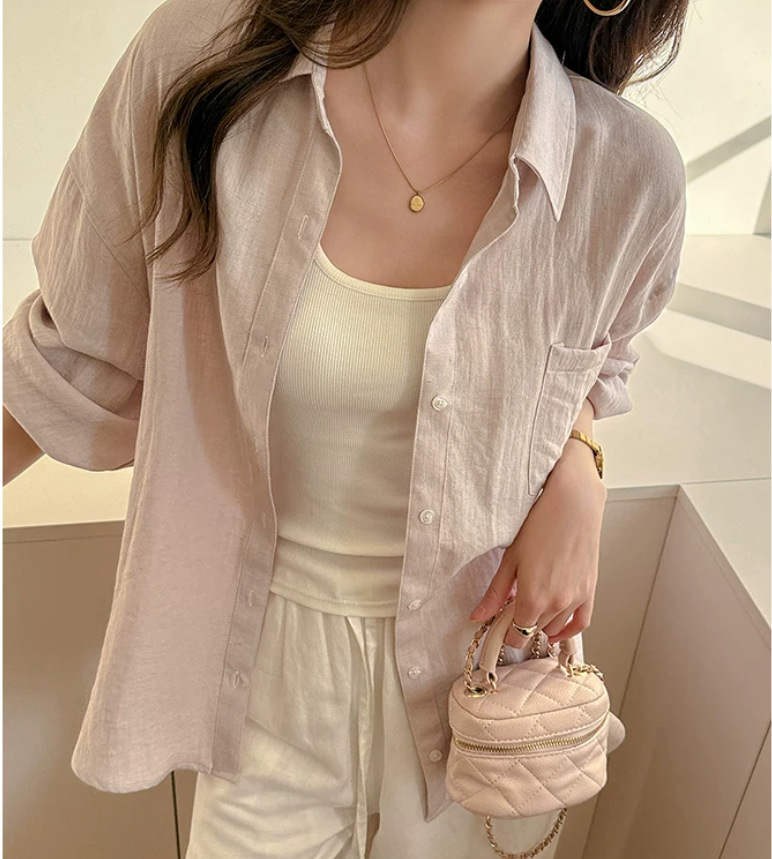 Áo sơ mi nữ linen dài tay mùa hè form rộng chống nắng phong cách lười biếng — Gạo sợi gai, Xanh lá cây nhạtcolor, Khoai tây tím, Bột sương mù ngó sen chi tiết 1