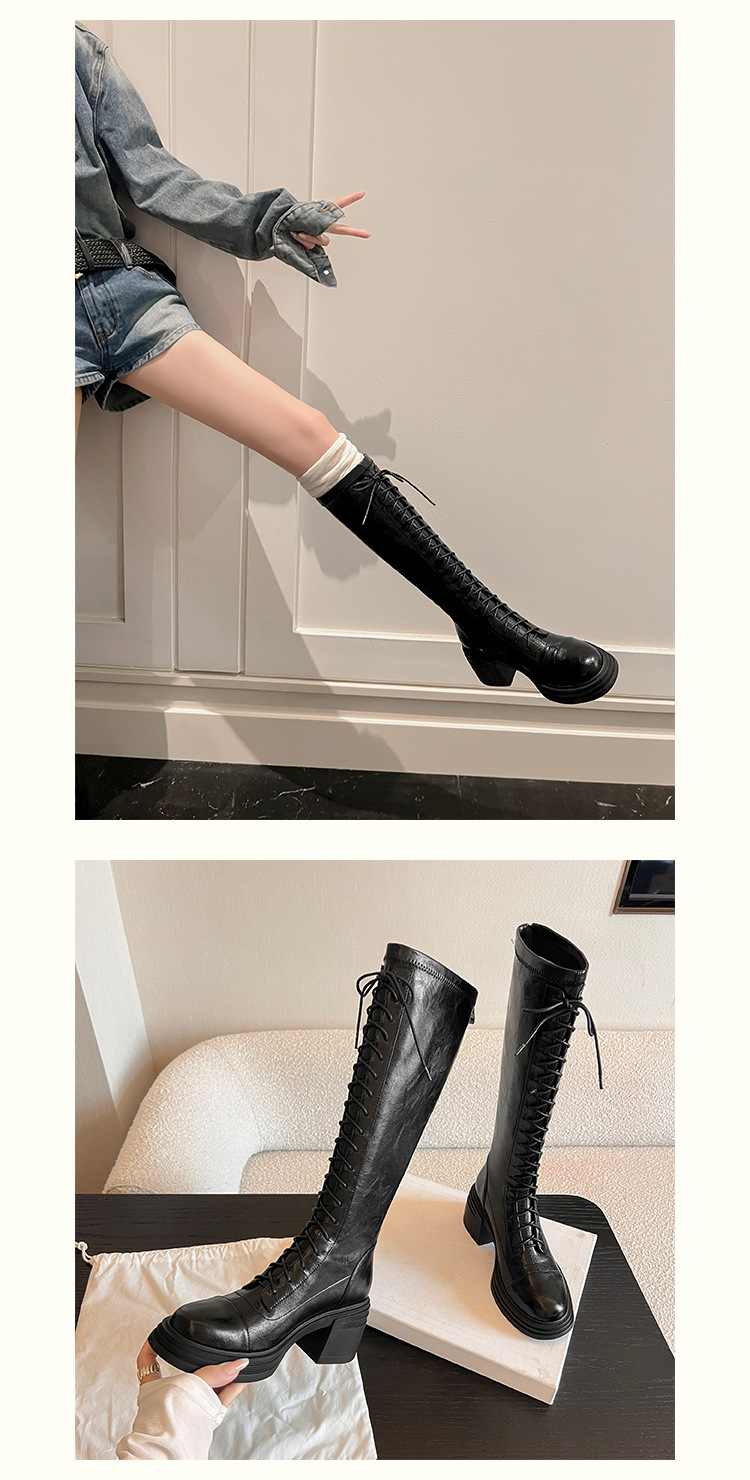 Boot nữ cổ cao ôm bắp chân đế dày dây buộc phong cách kỵ sĩ — Da lộn đen chi tiết 8