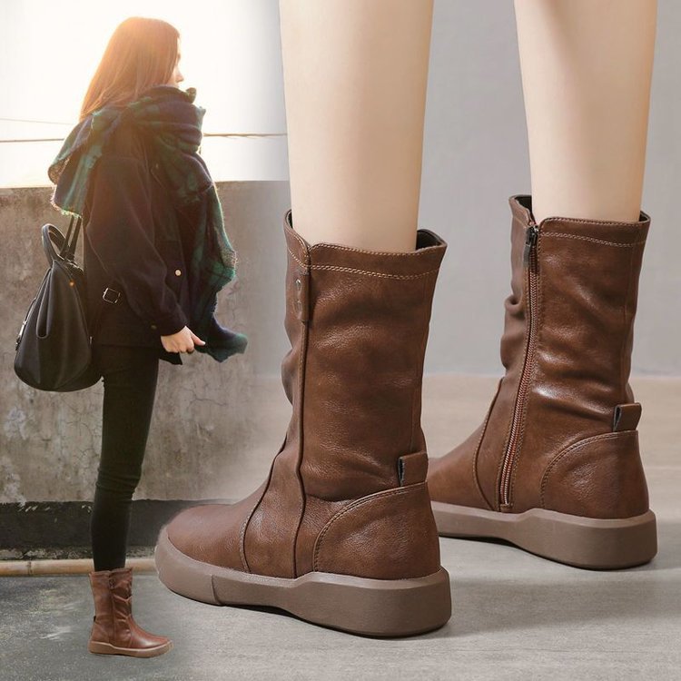 Cross-border large size British style retro mid-section boots 2022 autumn and winter New flat velvet fashion fashion Martin boots women