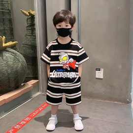 新款帅气男童奥特曼两件套夏季条纹短袖洋气百搭套头衫