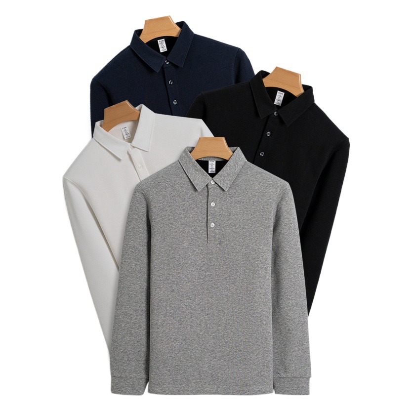 Camisa polo de alta gama para hombre, de algodón grueso con forro polar de 430g, elástica y cálida, de manga larga, estilo casual de negocios.