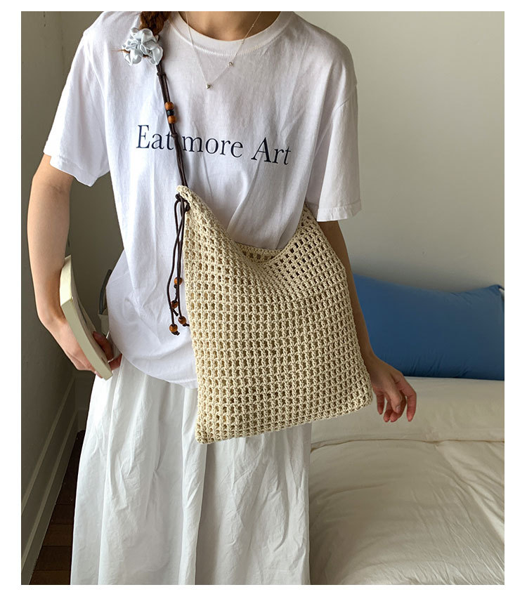 Summer woven beaded single-shoulder bag for women, large capacity, retro and fashionable, hollowed-out casual vacation style underarm crossbody bag undefined