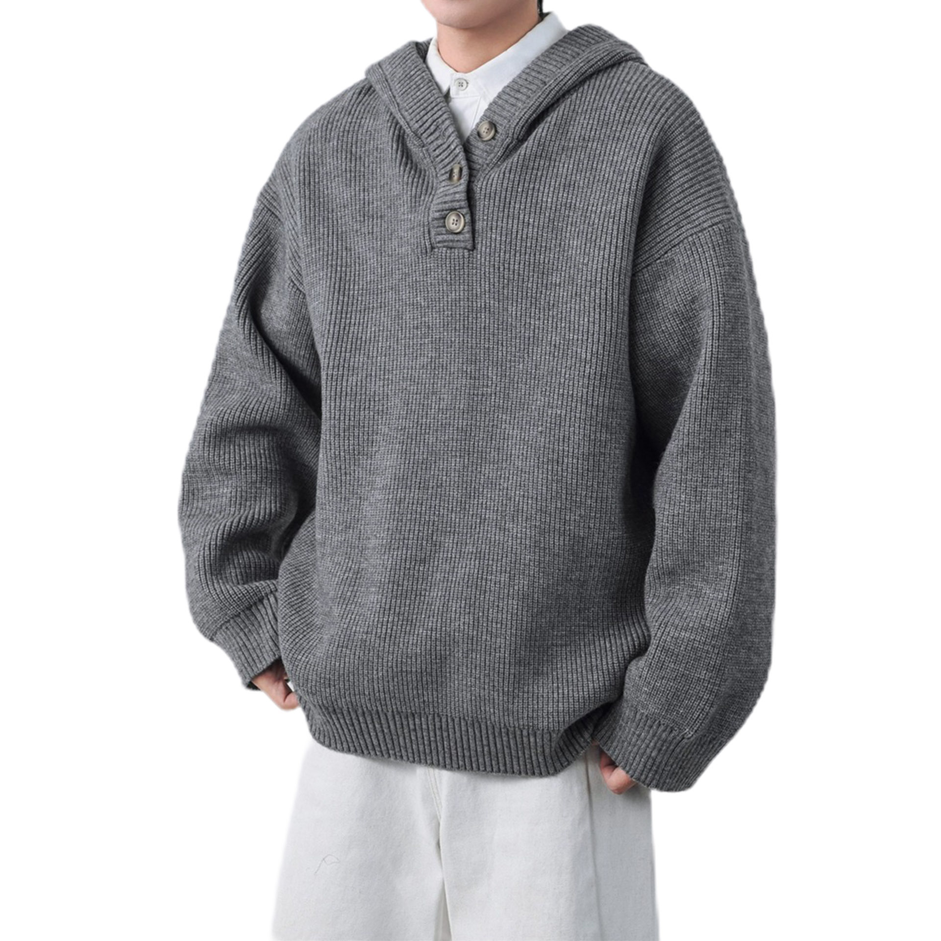 Explosiones transfronterizas de tamaño europeo suéter de punto con capuzas hombre flojo viento medio abierto botón fábrica de marea al por mayor