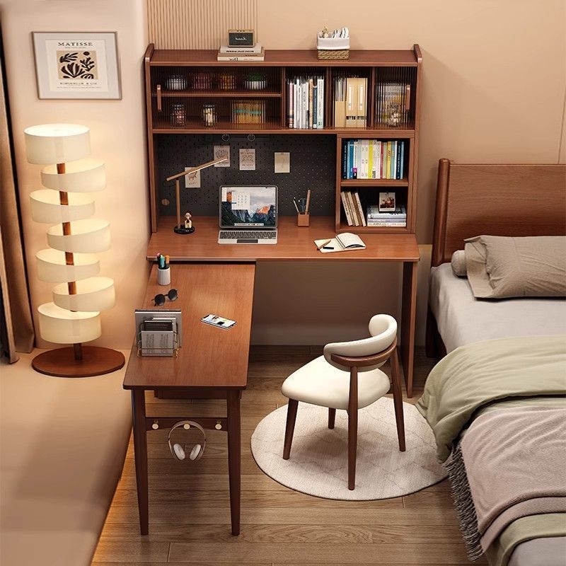 Solid Wood Corner Desk Bookshelf Integrated Bedroom Corner Bookcase Wall-Mounted L-Shaped Rotating Foldableing Study Computer Table