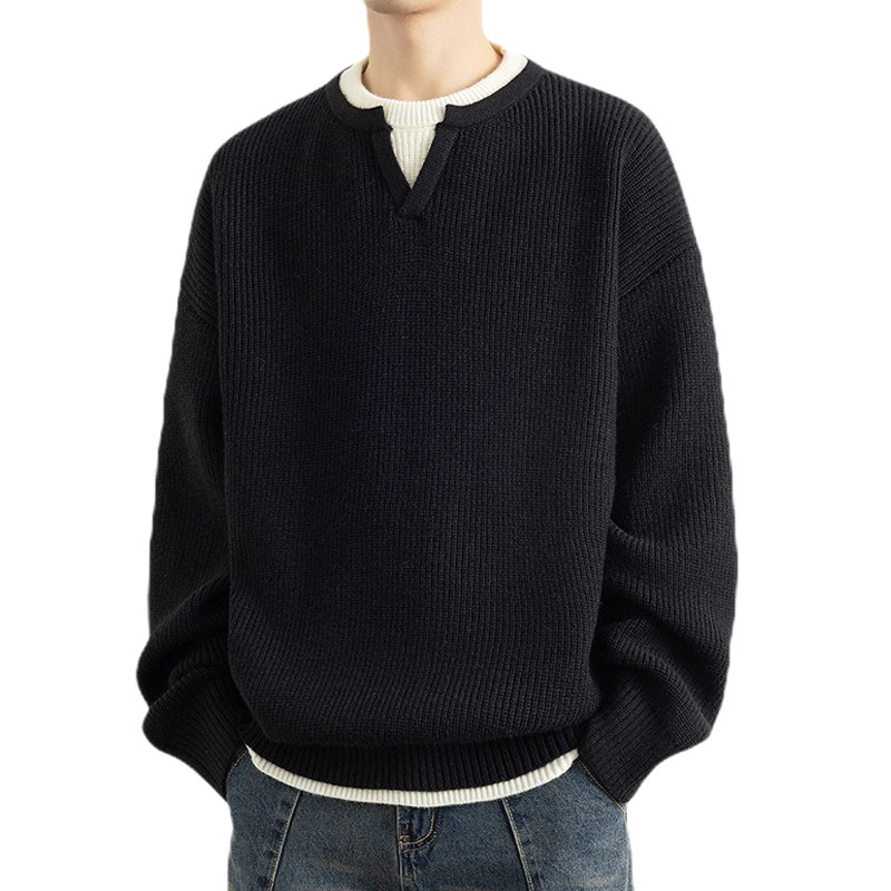 Explosiones transfronterizas de tamaño grande europeo falso dos piezas de costura camiseta de punto suéter hombre cuello V viejo viento otoño invierno fábrica al por mayor