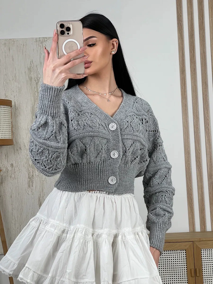 Вязаный весенний кардиган европейский и американский короткий кардиган