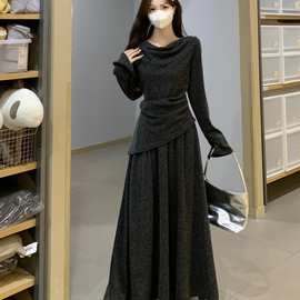 大码女装2025秋超火搭配一整套胖mm今年流行慵懒风灰色两件套装裙