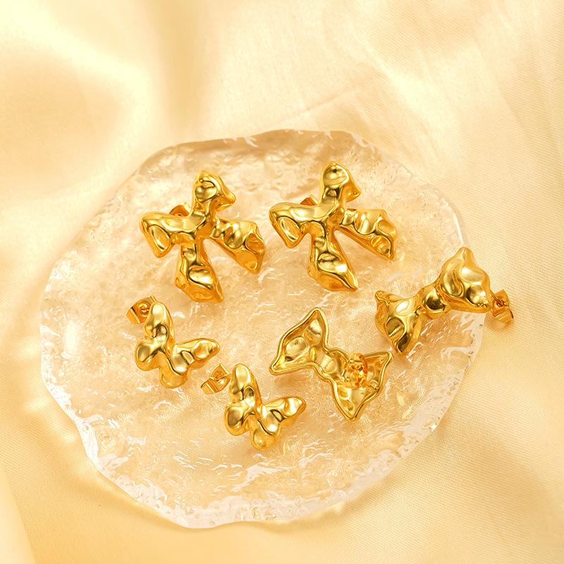 Titanium Steel Bow Earrings Gold Stainless Steel Butterfly Studs_voghion.com