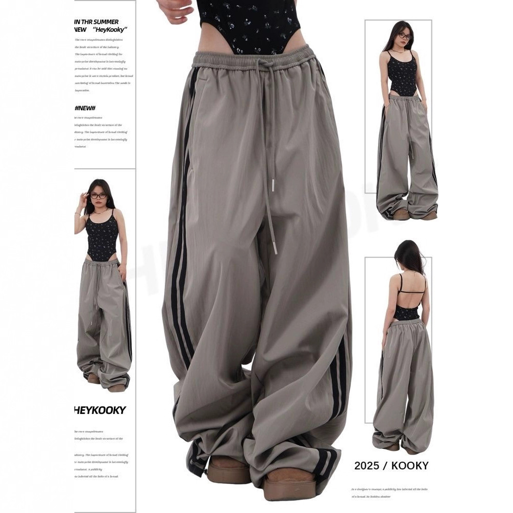 American-Style Trendy Retro Gray Striped Casual Pants for Women, Loose Versatile Sweatpants, Cargo Pants, Wide-Leg Floor-Length Trousers