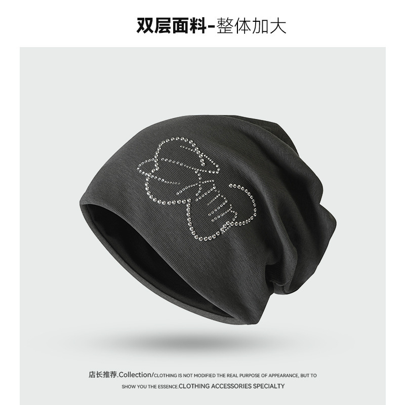 韩版春秋新款烫钻蝴蝶时尚百搭堆堆帽双层保暖护耳大头围套头冷帽|undefined