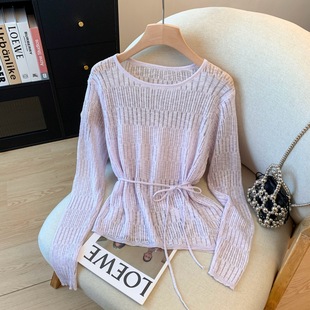 2015 Mid-Length Lazy Style Loose Cut Out Crochet Lace-Up Design Knitted Blouse with Dress