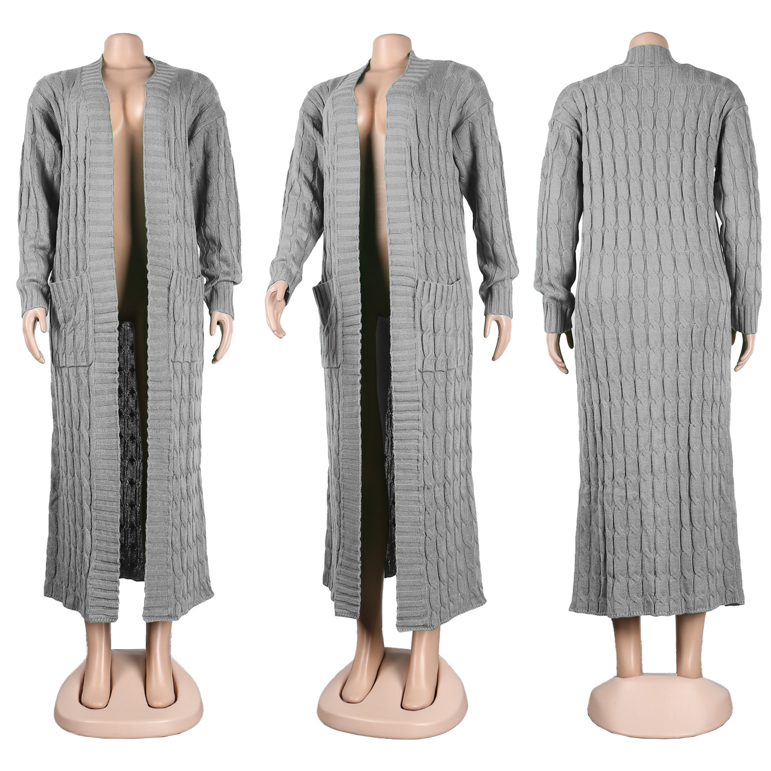 Damen Strickjacke Lang Aus Grobstrick In Unifarben Wintermantel_voghion.com