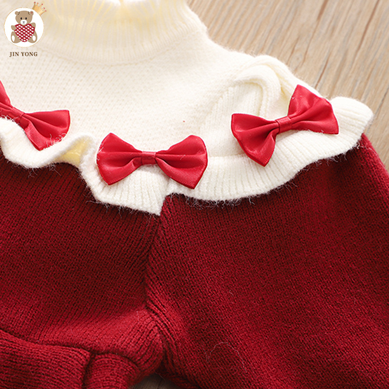 Autumn and Winter New Bow Girl's Woolen Children's Clothing Red Cute Knitted Long Dress_voghion.com