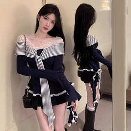 韩系辣妹气质蕾丝拼接绑带长袖T恤女秋冬设计感不规则修身短上衣