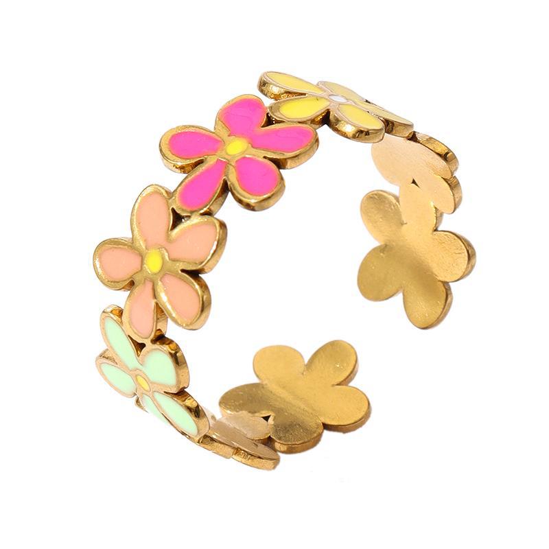 12g Weight Open Rings Classification Adjustable Ring Size 1 Piece Quantity Holiday, Daily Occasion 304 Stainless Steel Material Stripe, Flower Pattern Unisex Gender Enamel Design Retro, Sweet Style Wholesale Jewelry Retro Sweet Stripe Flower 304 Stainless Steel Enamel Open Rings 13