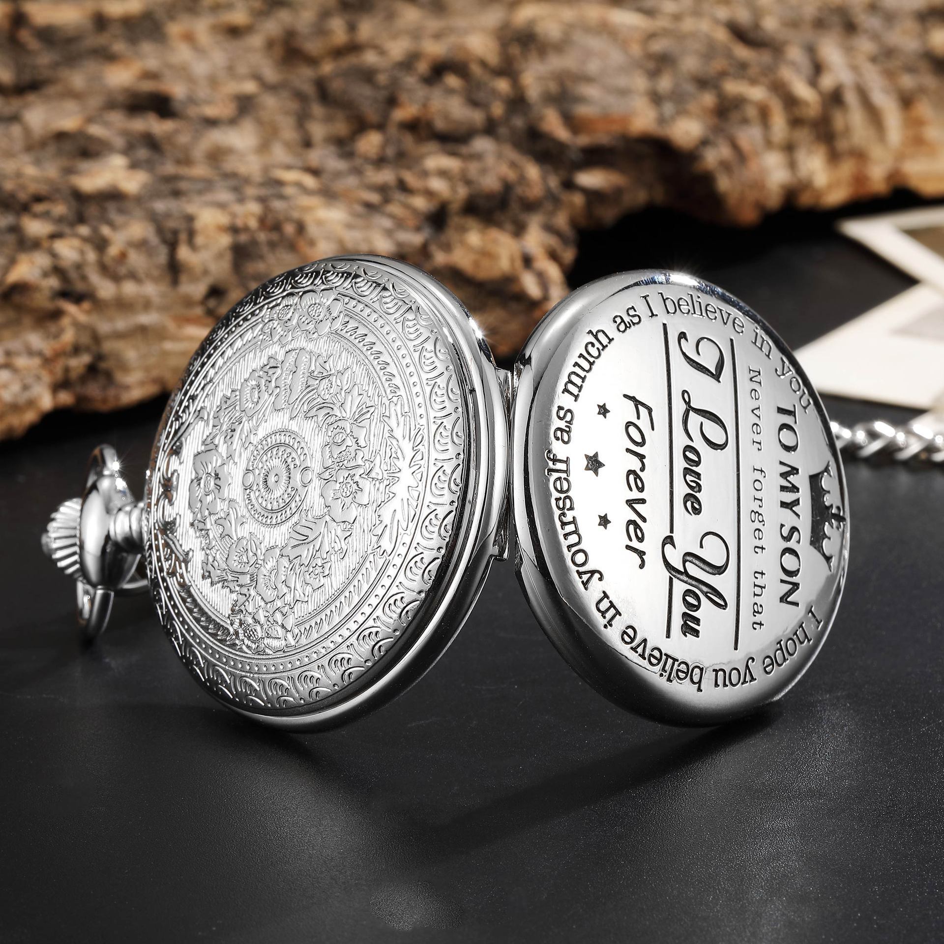 TO MY SON LOVE FOREVER vintage pocket watch - close-up view