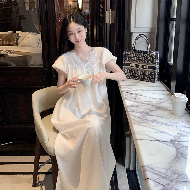 French V-Neck Lace-Trimmed Pure Cotton Long Nightgown Summer White Cotton Princess Short-Sleeved Home Wear That Can Be Worn Outside New French V-Neck Lace-Trimmed Pure Cotton Long Nightgown Summer White Cotton Princess Short-Sleeved Home Wear That Can Be Worn Outside New