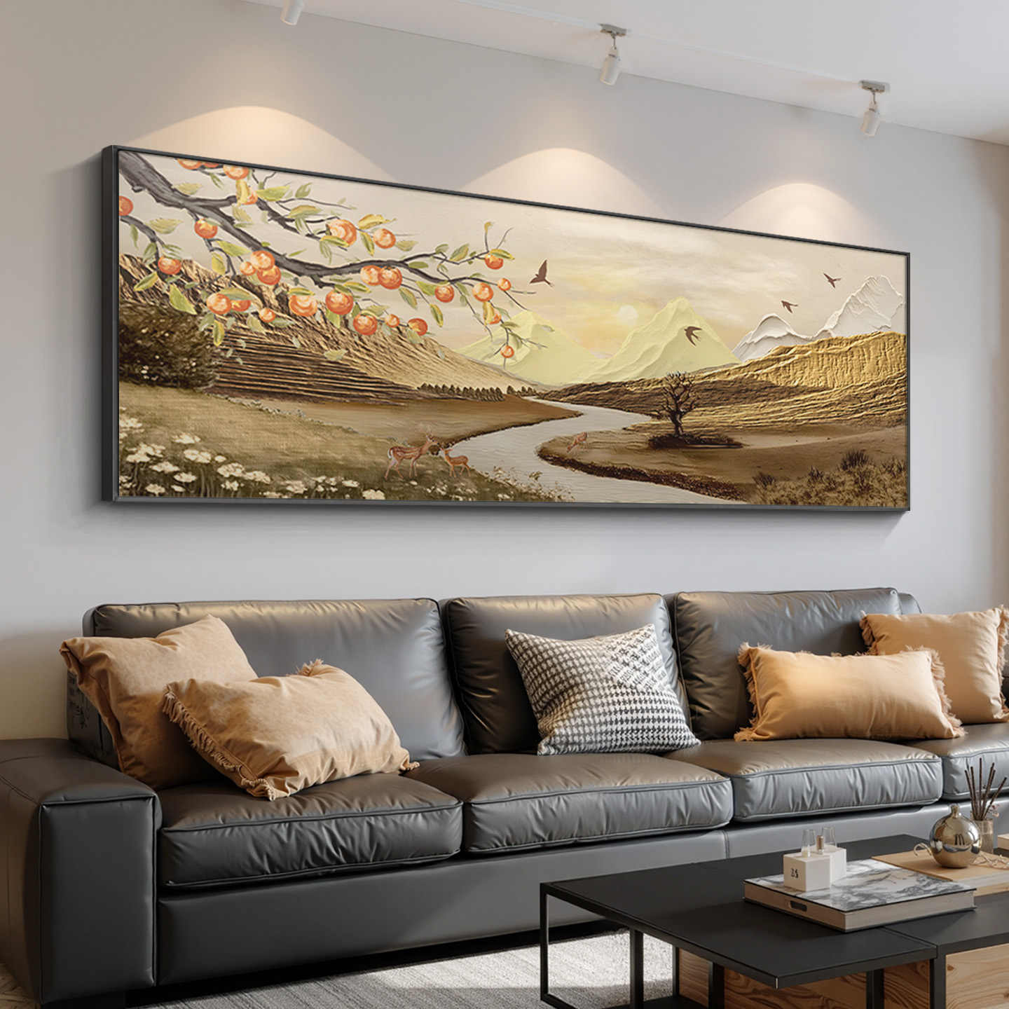 大芬村手绘油画事事如意客厅装饰画奶油风背有靠山沙发背景墙壁画