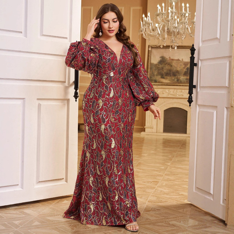 2026 Spring/Summer New Women's V-Neck Lantern Sleeve Plus Size Sequin Elegant Evening Dress Long Sleeve Dress