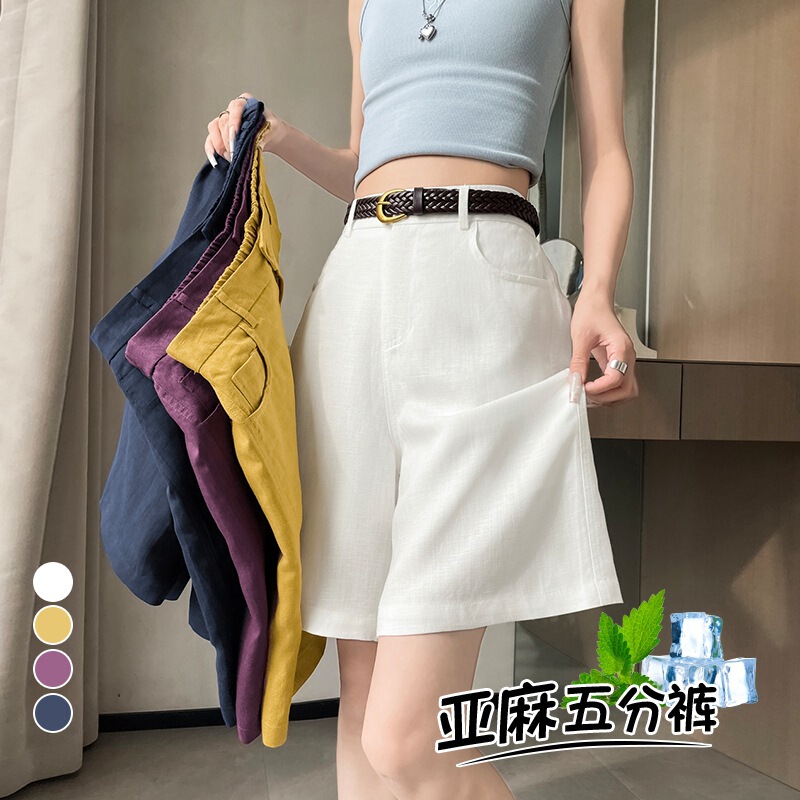 女性用リネンショートパンツ、夏用薄手ハイウエストスリムワイドレッグパンツ、ゆったりカジュアルストレートレッグ万能スーツミッドパンツ|undefined