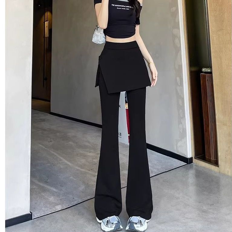 黑色假两件微喇裤女夏季新款高腰显瘦屁帘一体拼接叠穿裙裤喇叭裤