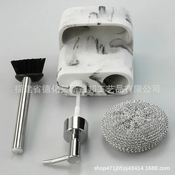 Exportación de resina de mármol imitación de botella de limpieza de cocina botella de embalaje de acero inoxidable mango de olla cepillo bola limpia