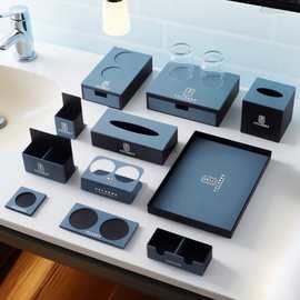 酒店客房磨砂黑蓝色亚克力洗漱用品收纳牙具盒杯托盘长方形纸巾盒