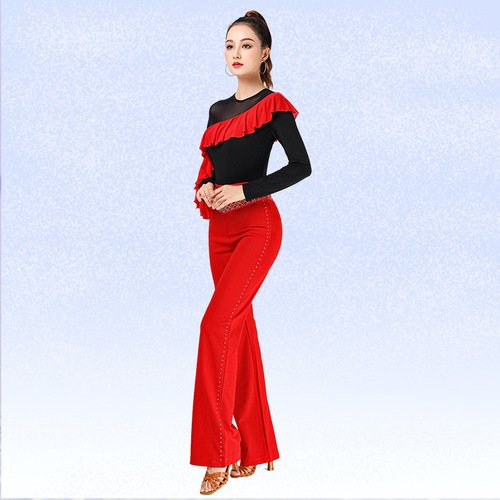 Latin Dance Top New Modern Dance Jitterbug Dance Suit Mesh Elegant Wavy Sleeves Red Long Sleeves