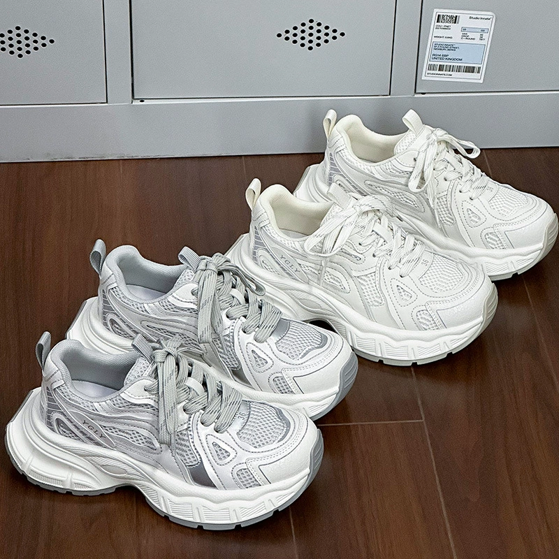 Обувь папы на толстой подошве Женская весна 2025 новая женская сетчатая дышащая женская обувь серебряная повышая повседневная спортивная обувь