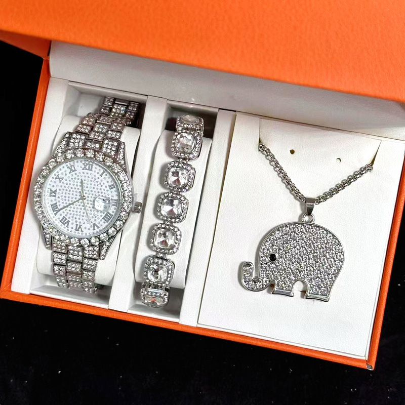 Large Dial Watch for Men with Roman Numerals, Steel Band, Business Casual Calendar, Quartz Full Diamond Hands + Numbers