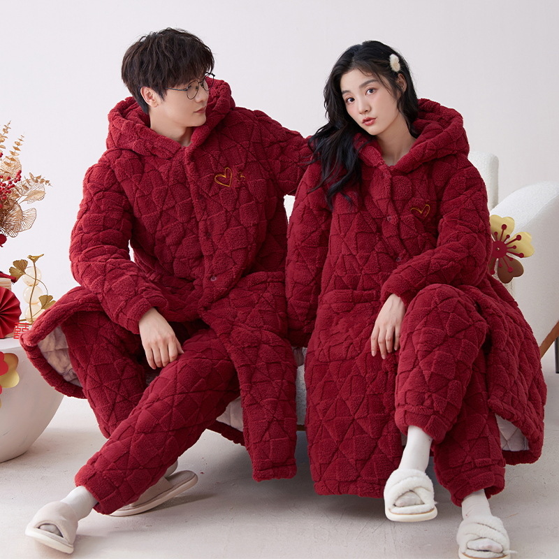 Pijamas de pareja invierno coral polar camisón de invierno acolchado de tres capas pijamas de boda traje de pareja