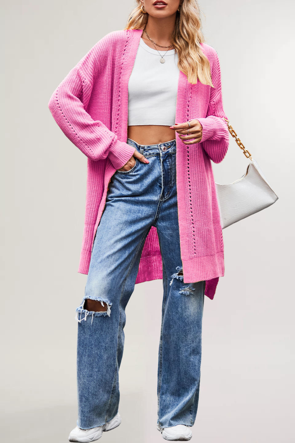 Suéter de punto holgado de color liso con bolsillos para mujer, estilo europeo y americano, novedad de invierno y otoño 2026, ideal para Amazon.