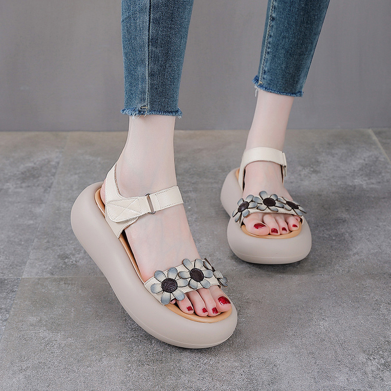 Dép sandal nữ quai chữ V da bò đế dày thoáng khí — Màu trắng be