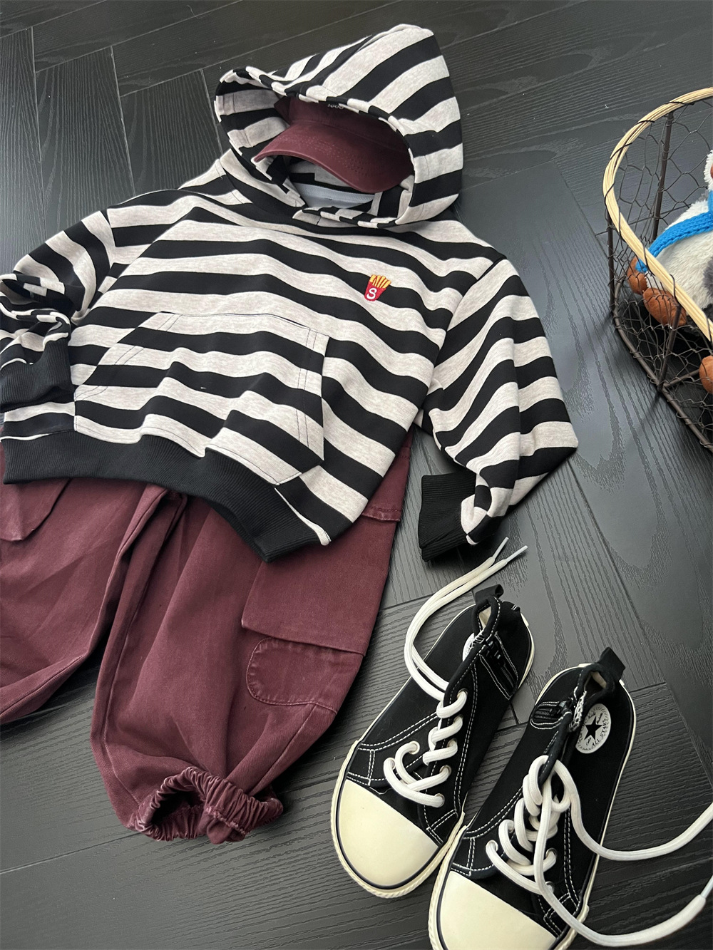 Felpa con cappuccio a righe con patatine fritte americane per bambini, per ragazzi e ragazze, stile autunnale, felpa con cappuccio a maniche lunghe_voghion.com
