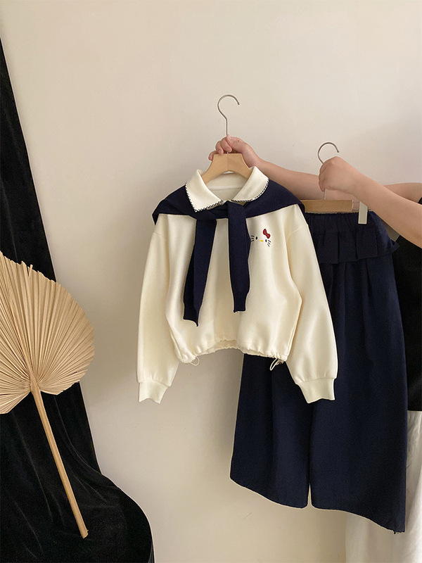 韩版女童卡通喵咪披肩POLO上衣2025秋季新款百搭宽松休闲裤三件套|undefined