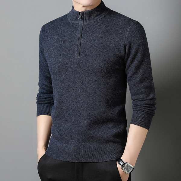 Woolen solid color sweater with zipper