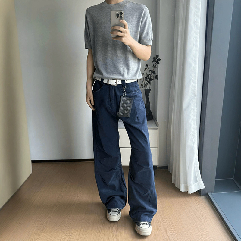 French Workwear Blue Washed Pleated Cargo Pants for Men, American Retro Wide-Leg Scimitar Pants, Cleanfit Straight-Leg Casual Pants French Workwear Blue Washed Pleated Cargo Pants for Men, American Retro Wide-Leg Scimitar Pants, Cleanfit Straight-Leg Casual Pants