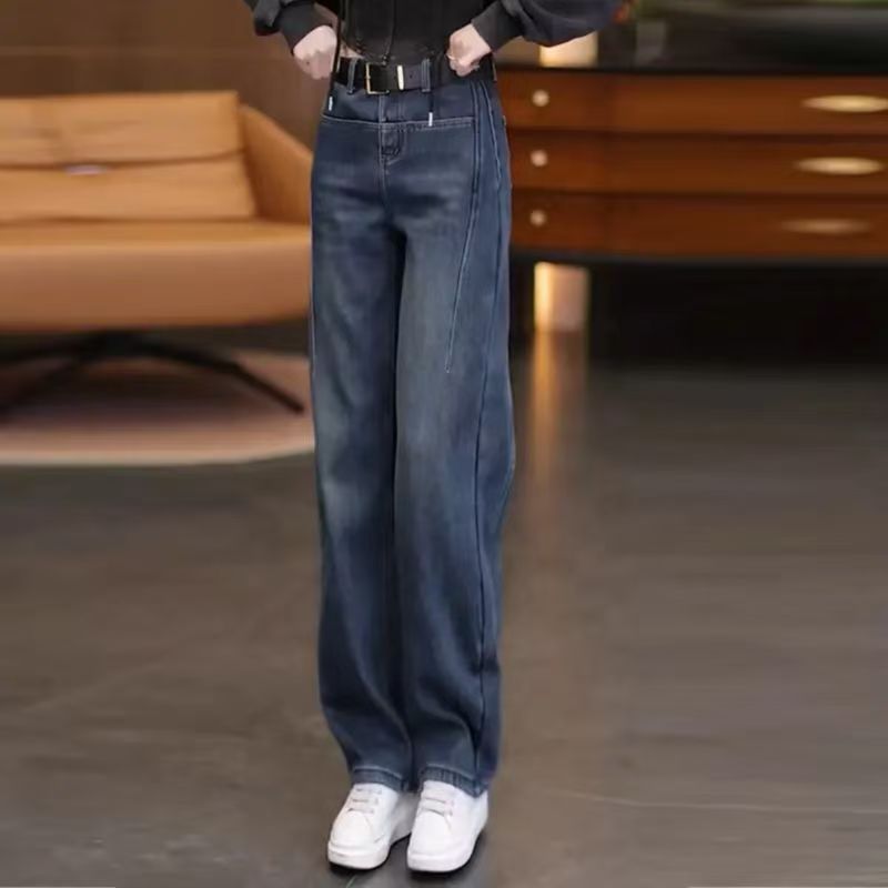 Wide-Leg Curved Hem Fleece-Lined Jeans for Women, 2026 Autumn and Winter High-Waisted Loose Retro Design Straight Pants