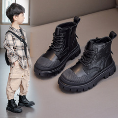 Boys' Martin Boots, Children's Fleece-Lined Short Boots, 2023 Autumn/Winter New Arrival: British-Style Genuine Leather Casual Boots with Soft Soles